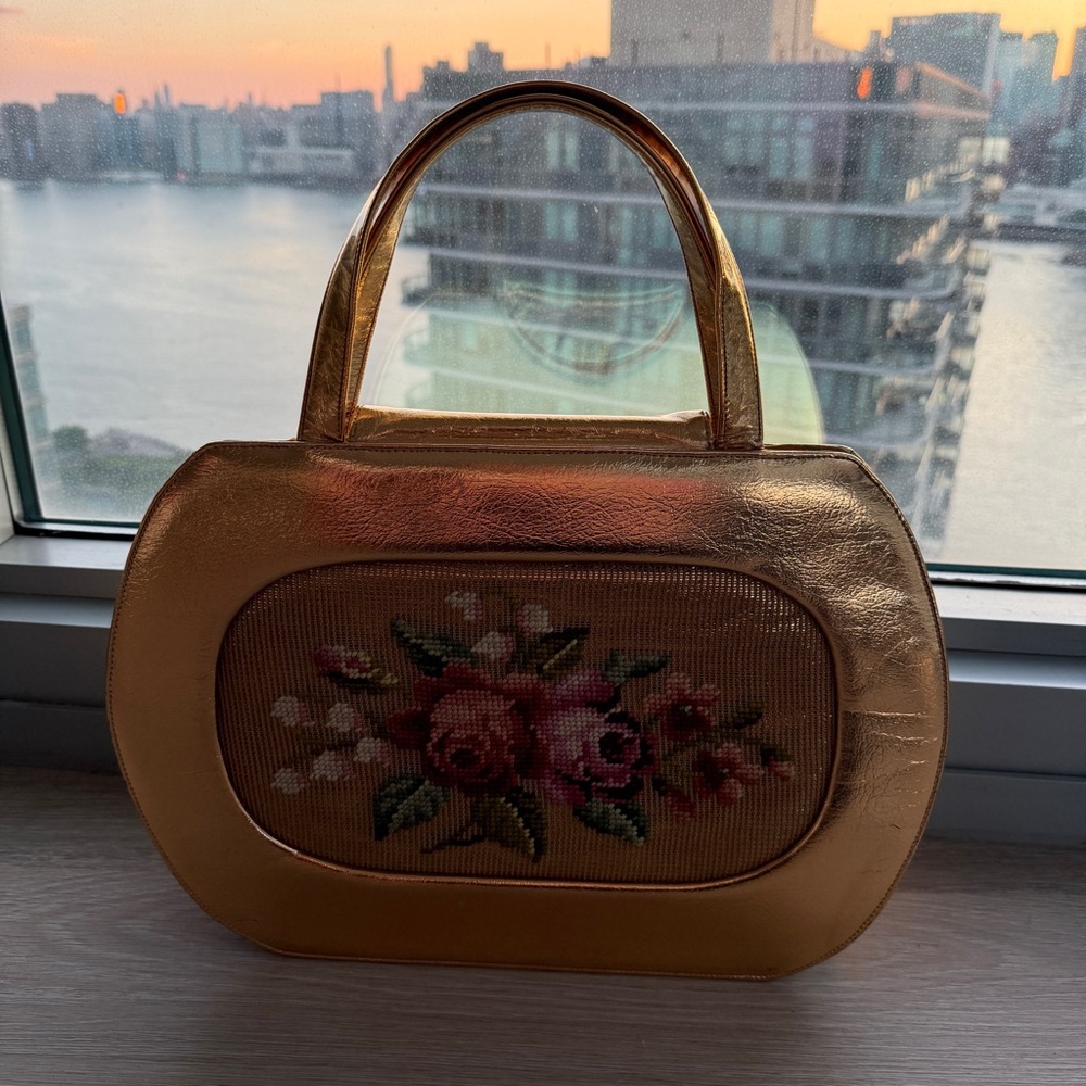 Vintage Pert Bag Gold Floral Needlepoint - Picture 2 of 8